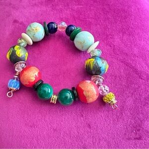 Handmade Charm Bracelet with Hand-Painted Beads Wire-Wrapped Accents 7-7.5 0788